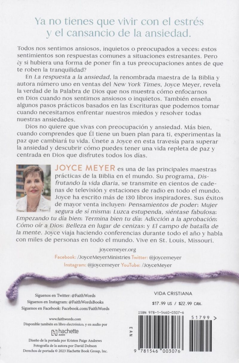 ** Contraportada de un libro de autoayuda que ofrece consejos sobre el manejo del estrés y la ansiedad, con una foto de la autora, Joyce Meyer, y una breve descripción de su trayectoria.