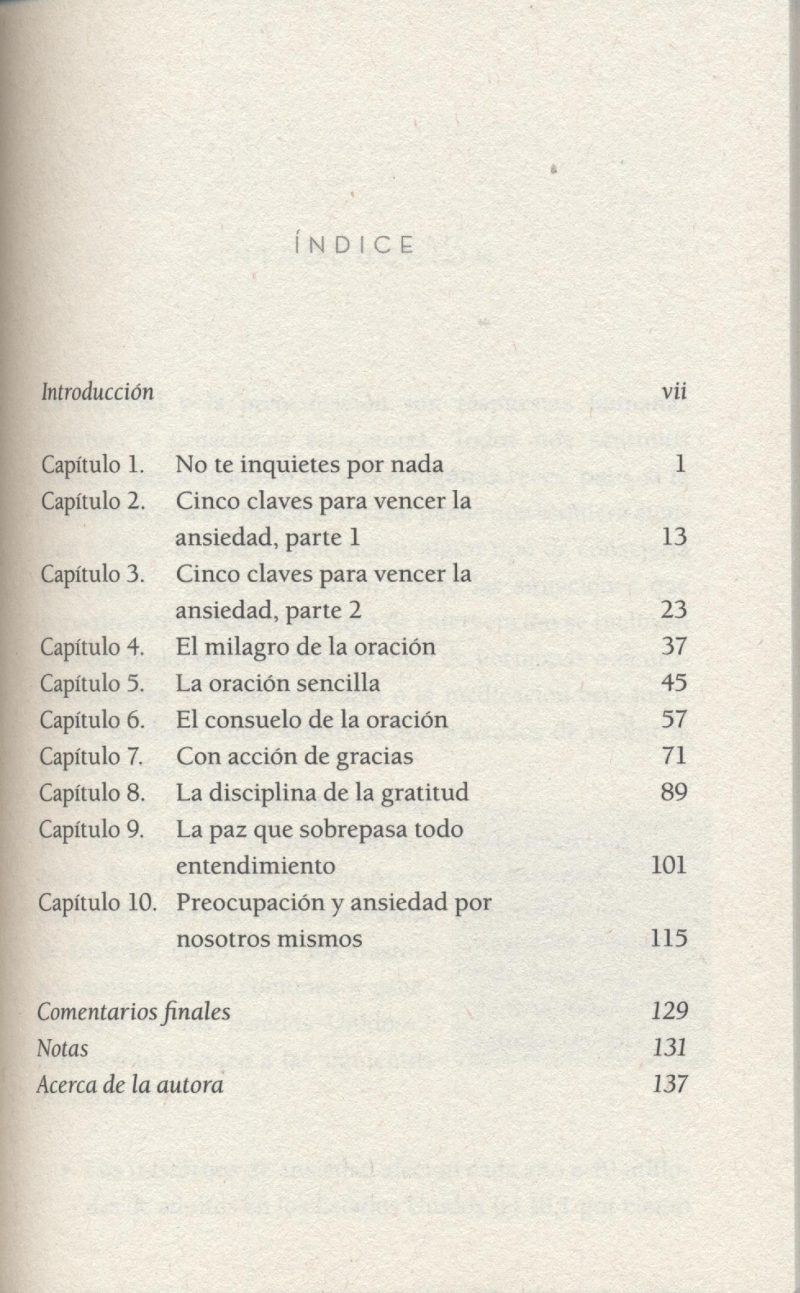 ** Página del índice de un libro que lista diez capítulos sobre temas como el manejo de la ansiedad, la oración, y la gratitud.