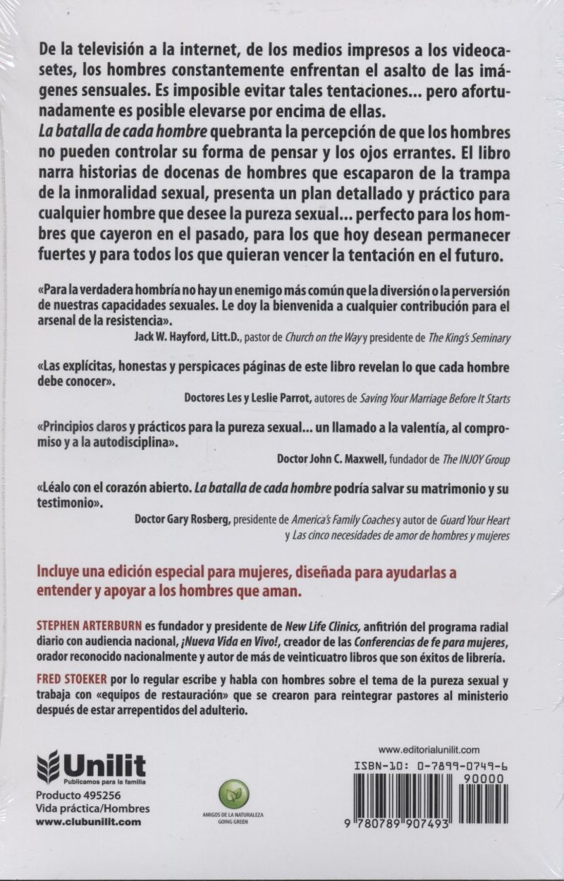 ** Contraportada de un libro que aborda la lucha de los hombres con las tentaciones sensuales y ofrece una guía espiritual basada en principios bíblicos.
