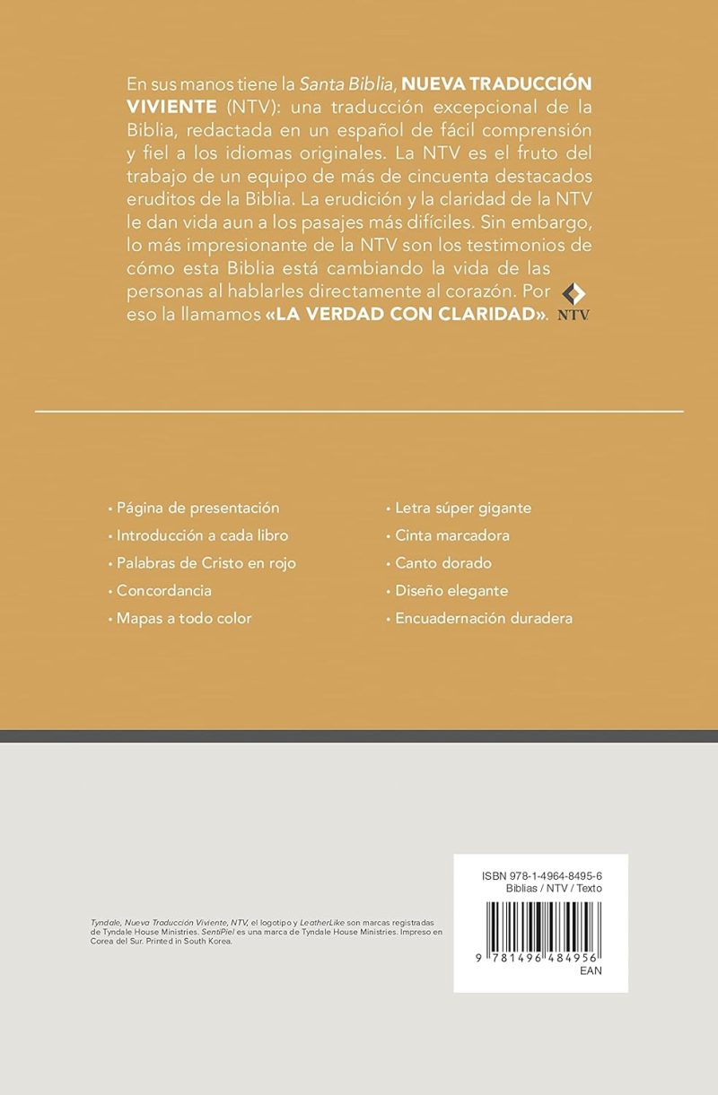 ** Contraportada de la Biblia Nueva Traducción Viviente (NTV) con descripción y código de barras.
