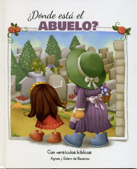 ** Dos personajes, una niña y un adulto, de espaldas en un cementerio, mirando las tumbas y el paisaje verde. La niña lleva un vestido rojo y el adulto un vestido morado con sombrero verde.