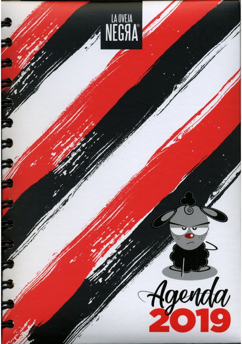 ** Portada de la Agenda 2019 de La Oveja Negra con diseño de franjas rojas, negras y blancas, y un personaje de oveja estilizado.