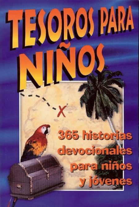Tesoros para Niños" con loro, cofre del tesoro, y palmera en un mapa.