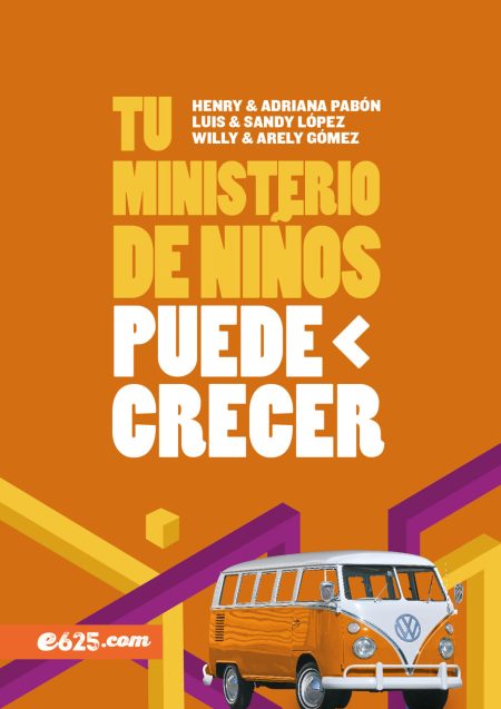 ** Afiche con fondo naranja promoviendo el crecimiento del ministerio de niños, acompañado de una imagen de una furgoneta naranja.