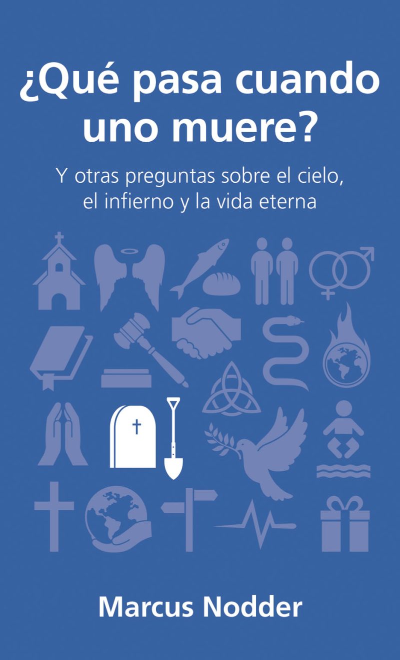 ** Portada del libro titulado "¿Qué pasa cuando uno muere?" de Marcus Nodder, con íconos relacionados al cielo, el infierno y la vida eterna.
