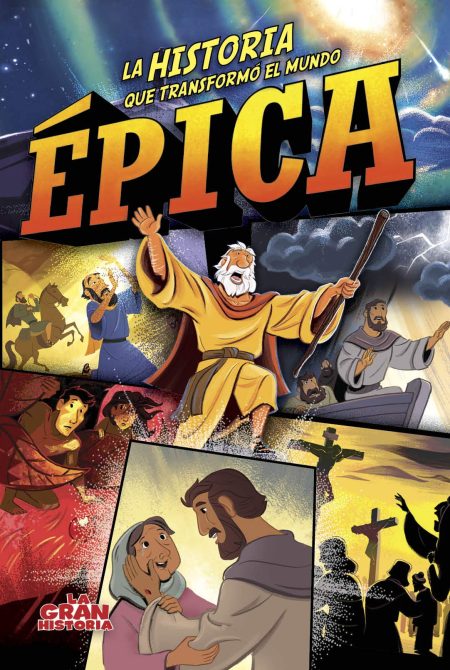 ** Ilustración de un cómic con escenas bíblicas, incluyendo personajes en situaciones históricas y espirituales, todo bajo el gran título "Épica".