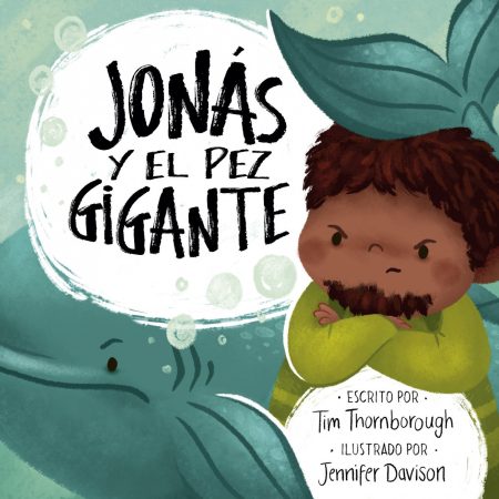 Jonás y el pez gigante" mostrando un niño de expresión seria junto a un pez grande. Incluye el texto "Escrito por Tim Thornborough e ilustrado por Jennifer Davison".