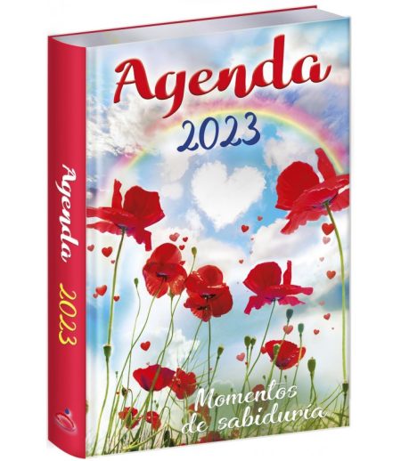 ** Agenda 2023 con diseño de amapolas y arcoíris, destacando un cielo con nubes en forma de corazón.