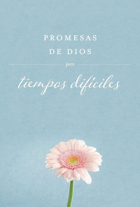 ** Imagen de una flor rosa sobre un fondo azul con el texto "Promesas de Dios para tiempos difíciles".