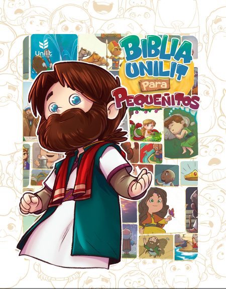  Portada ilustrada de la Biblia Unilit para Pequeñitos, con un personaje infantil de Jesús rodeado de imágenes coloridas.