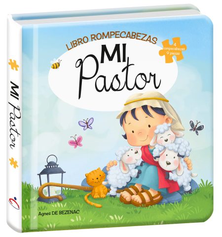 ** Portada de un libro infantil titulado "Mi Pastor", con ilustración de un niño pastor rodeado de ovejas y un gatito, sobre un fondo de campo.