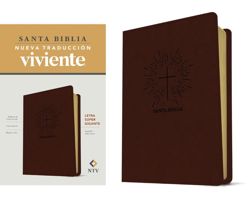** Portada de la Santa Biblia, Nueva Traducción Viviente, con tapa marrón y texto de letra grande.