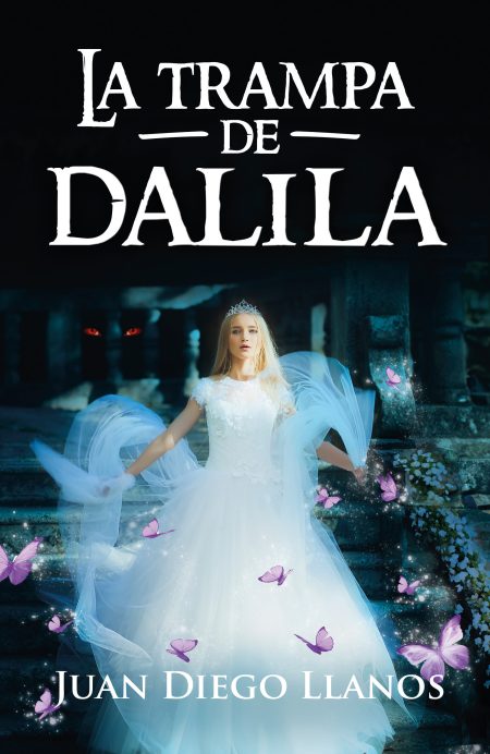 ** Mujer en un vestido blanco rodeada de mariposas violetas, con un entorno de luces azules y oscuras.