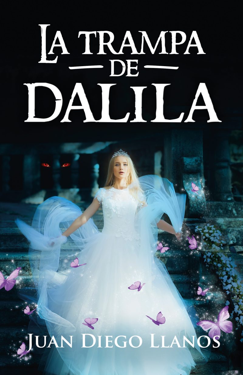 ** Mujer en un vestido blanco rodeada de mariposas violetas, con un entorno de luces azules y oscuras.