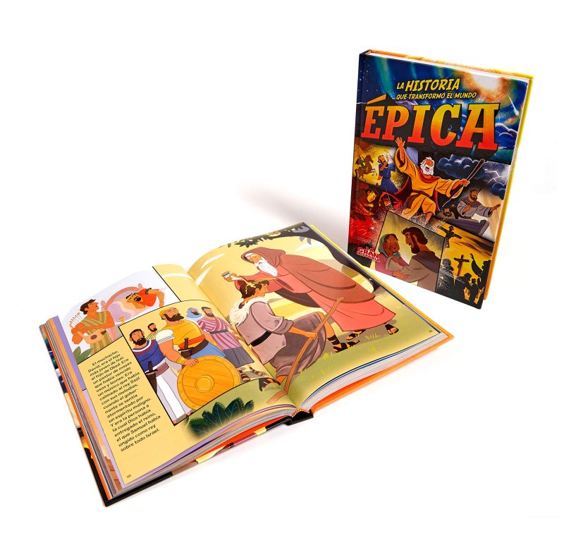 ** Libro ilustrado abierto junto a su portada, que muestra escenas épicas.