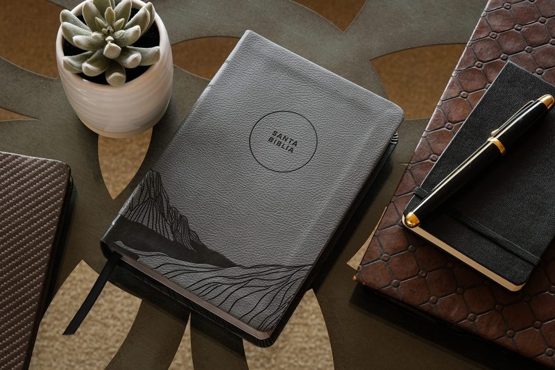** Una Biblia negra con un diseño de paisaje sobre una mesa, acompañada de una planta en maceta, un cuaderno y una pluma estilográfica.