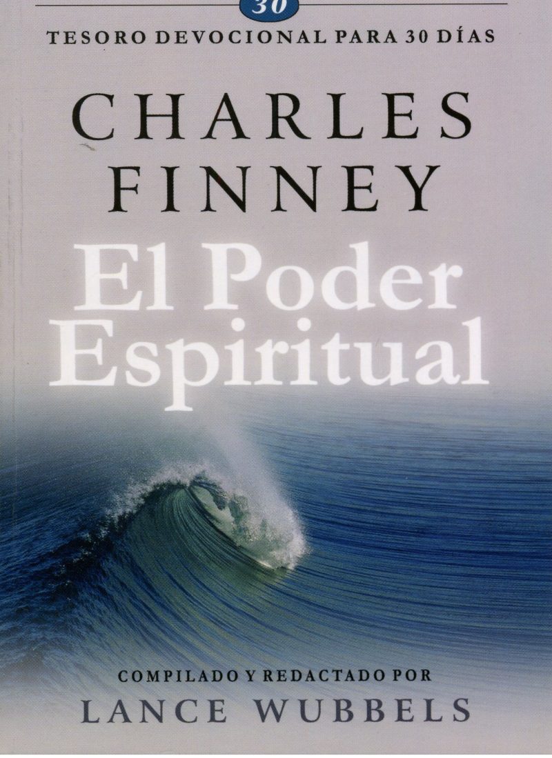 El Poder Espiritual" de Charles Finney, con un fondo de una ola en el mar.