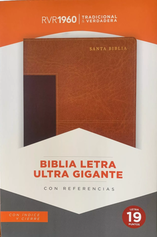 ** Portada de la Biblia RVR 1960 con letra ultra gigante, presenta una tapa en color marrón con grabado y texto en relieve.