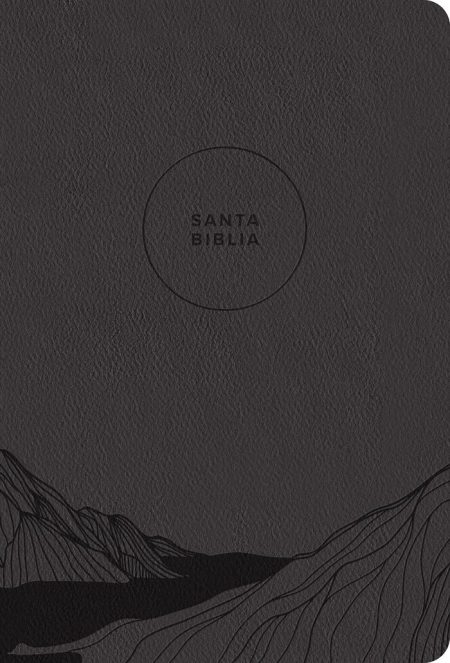 ** Portada de la Santa Biblia en color negro con ilustraciones de montañas en relieve.