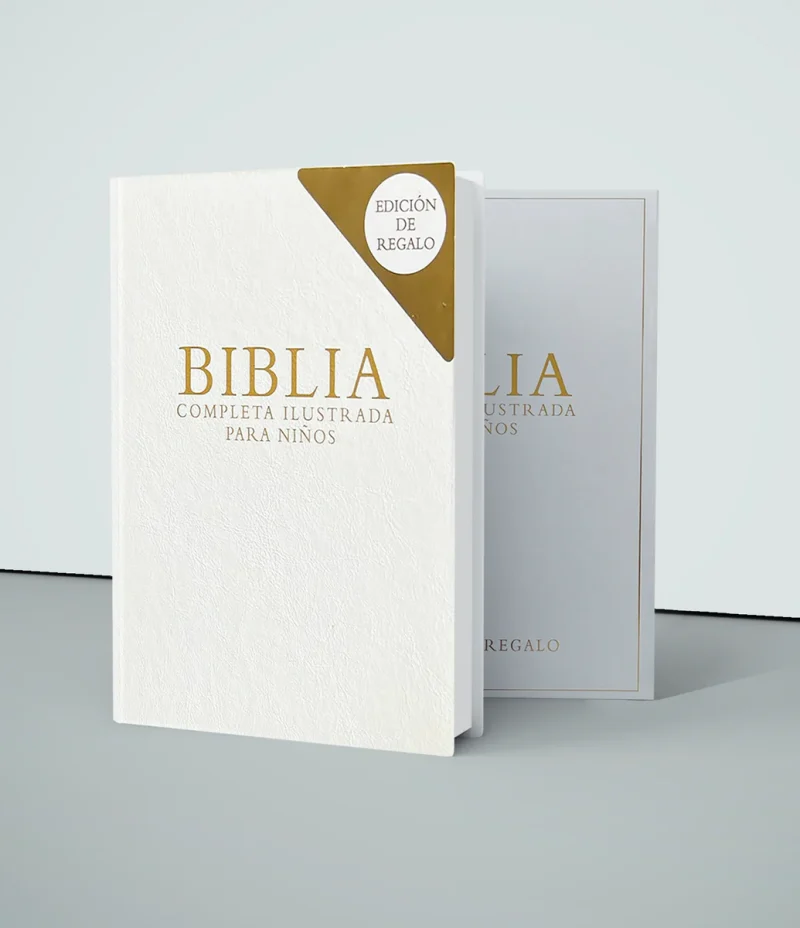 ** Dos ejemplares de la Biblia Completa Ilustrada para Niños, con diseño de portada en blanco y detalles dorados, etiquetados como "Edición de Regalo".