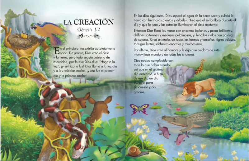 ** Ilustración colorida de animales en un paisaje natural sobre la historia de la creación del Génesis.