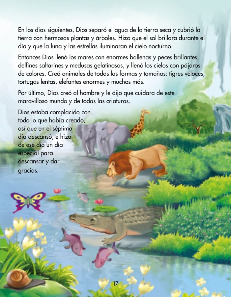 ** Ilustración de un paisaje natural con diversos animales como un león, una jirafa, peces en un río, y mariposas; acompañado de un texto sobre la creación del mundo.