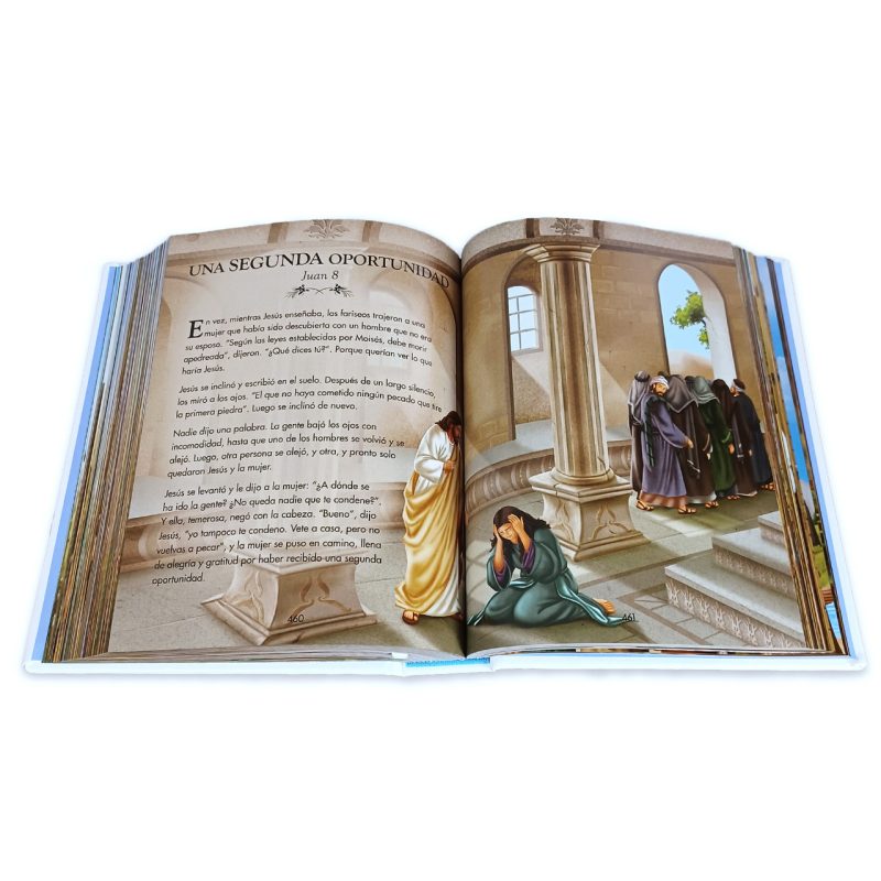 ** Página abierta de un libro ilustrado con una historia bíblica, mostrando una escena con personajes en un entorno arquitectónico.