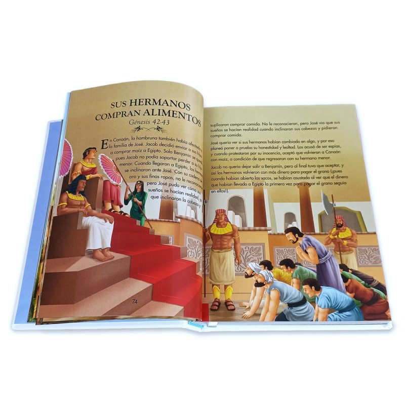 ** Página de un libro ilustrado mostrando una escena en la que varias personas se arrodillan ante un personaje en un trono en un entorno antiguo.
