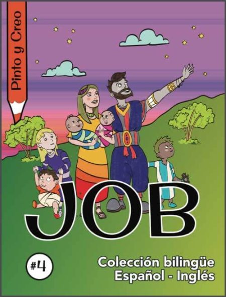 ** Ilustración de la portada de un libro titulado "Job". Presenta a una familia con varios niños en un paisaje campestre. El título está en letras grandes abajo y menciona que es una colección bilingüe en español e inglés.