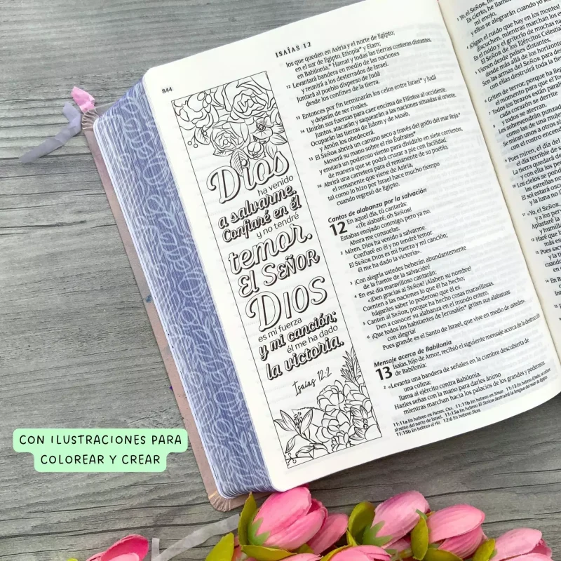 ** Biblia abierta con versículo decorativo para colorear y flores rosadas.