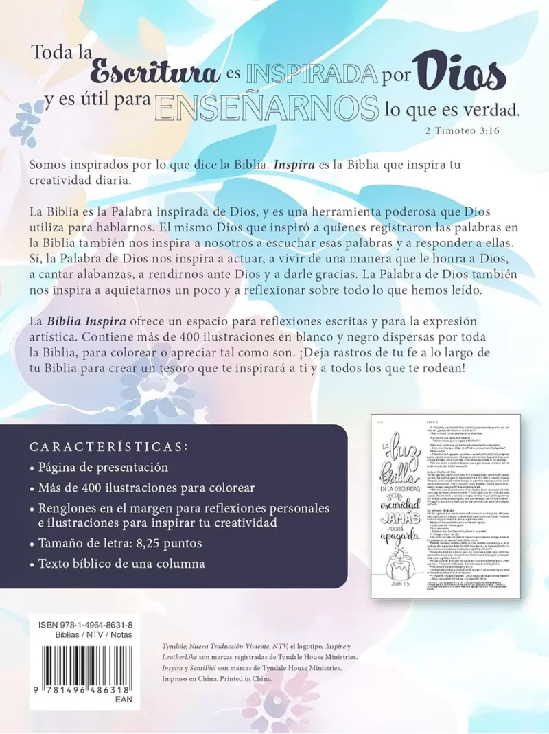 ** Contraportada de una Biblia de estudio, mostrando características como páginas de presentación y espacios para colorear, con una cita bíblica de 2 Timoteo 3:16.