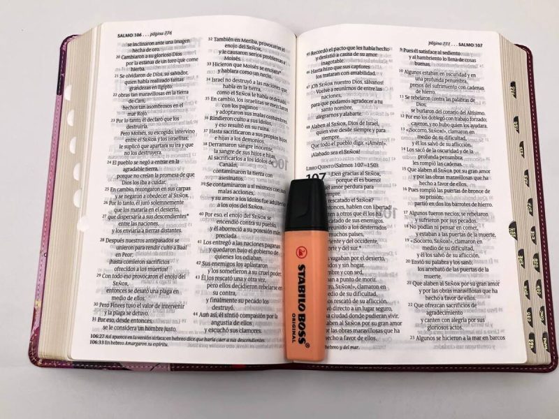 ** Un libro abierto con un marcador naranja encima.