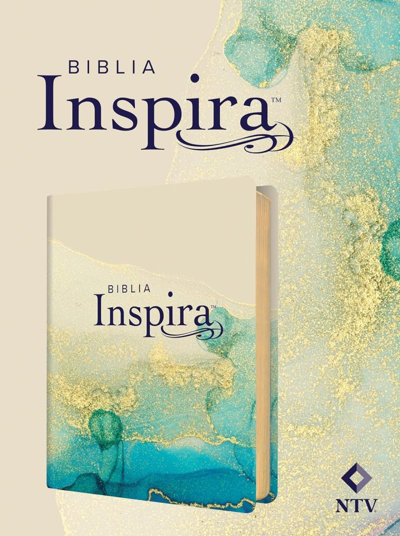 ** Imagen de una Biblia Inspira, versión NTV, con un diseño artístico en tonos azules y dorados.
