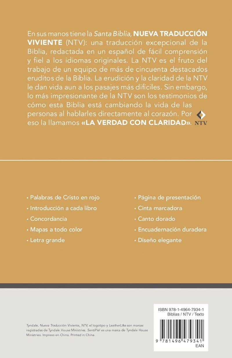 ** Contraportada de la Biblia Nueva Traducción Viviente (NTV) destacando sus características y herramientas adicionales.