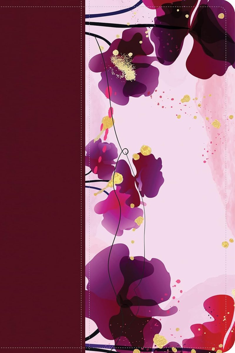 ** Diseño abstracto con flores púrpuras y fondo rosa.