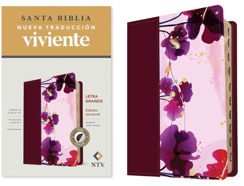 ** Portada y diseño interior de la Biblia Nueva Traducción Viviente con diseño floral.