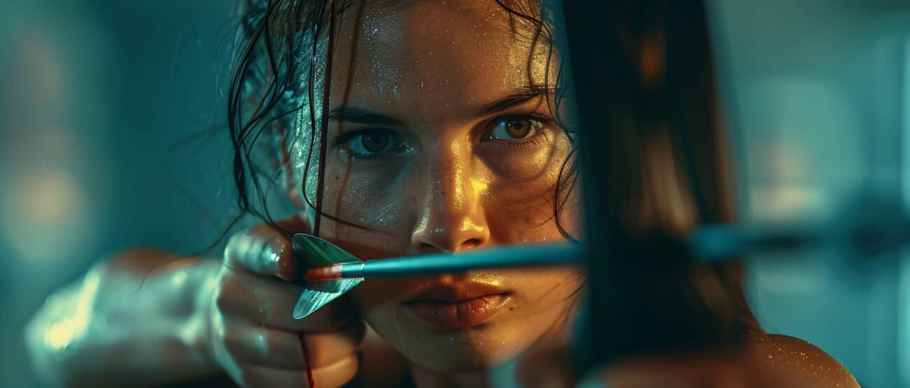 Mujer enfocada sosteniendo un arco y flecha, simbolizando determinación y fortaleza.