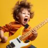 Niño emocionado tocando una guitarra eléctrica amarilla.