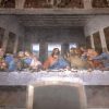 Pintura de la Última Cena de Jesús con sus 12 apóstoles sentados a la mesa, incluyendo a Judas Iscariote.