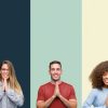 Personas diversas con manos juntas en actitud de oración, sobre fondo de tiras de colores