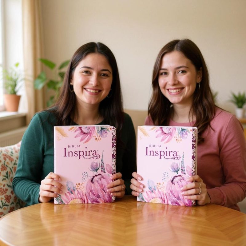 Dos jóvenes sonríen mientras sostienen la Biblia Inspira edición floral rosada, sentadas a una mesa de madera en una sala luminosa.
