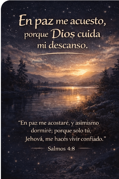 Salmos para Dormir Encuentra Paz y Sueño Reparador 2 Paisaje nocturno con lago tranquilo, montañas y cielo estrellado, acompañado de un mensaje bíblico sobre dormir en paz confiando en Dios.