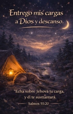 Salmos para Dormir Encuentra Paz y Sueño Reparador 3 Escena nocturna con una carpa, un perro durmiendo y luz cálida, acompañada de un mensaje bíblico sobre entregar las cargas a Dios.