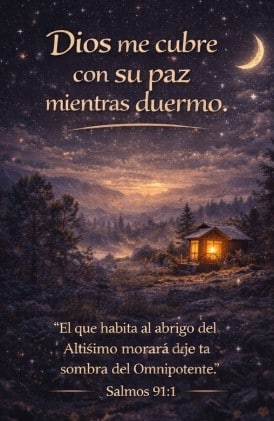 Salmos para Dormir Encuentra Paz y Sueño Reparador 5 Casa iluminada en medio de un paisaje nocturno con luna y estrellas, simbolizando protección divina y refugio bajo la sombra de Dios.