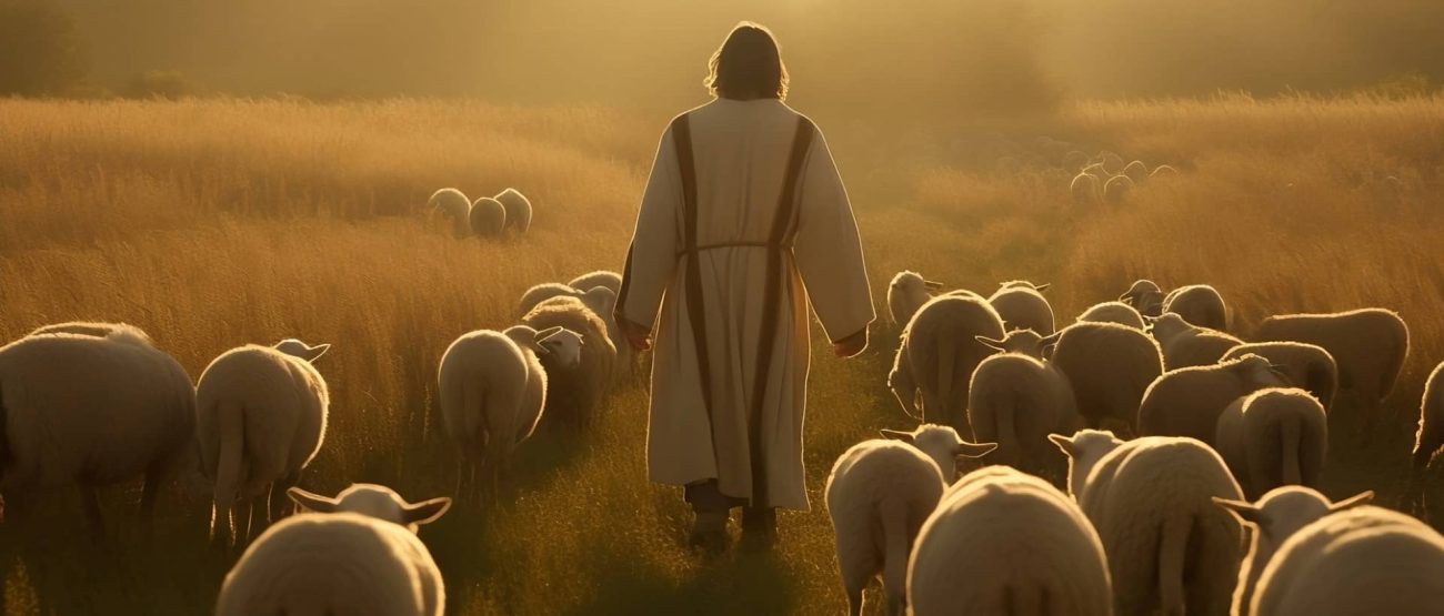 Jesús caminando en medio de su rebaño al atardecer, transmitiendo paz y seguridad.