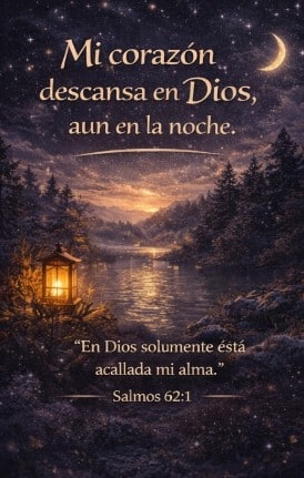 Salmos para Dormir Encuentra Paz y Sueño Reparador 7 Río nocturno rodeado de árboles y montañas, con luz de luna y mensaje bíblico sobre el descanso que Dios concede.