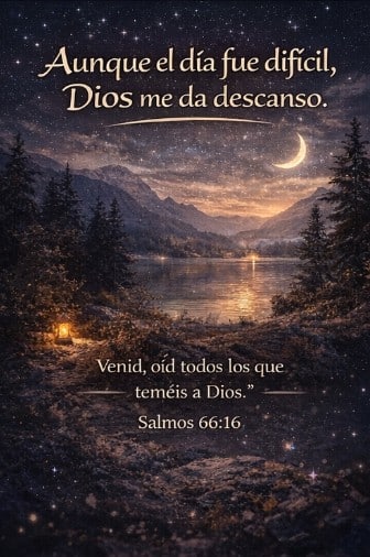 Salmos para Dormir Encuentra Paz y Sueño Reparador 9 Paisaje nocturno con lago y luna creciente, iluminación suave y frase cristiana que transmite descanso después de un día difícil.