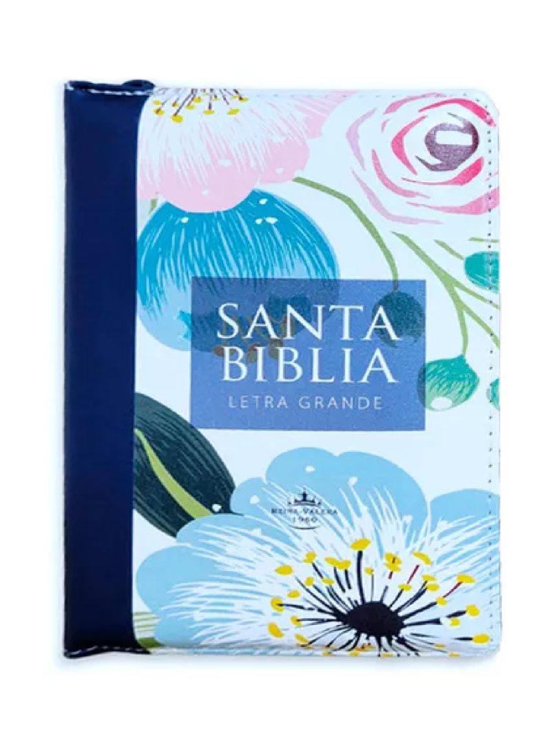 Biblia RVR 1960 Letra Grande Compacta 11 puntos Azul Flores Símil Piel con Índice con Cierre
