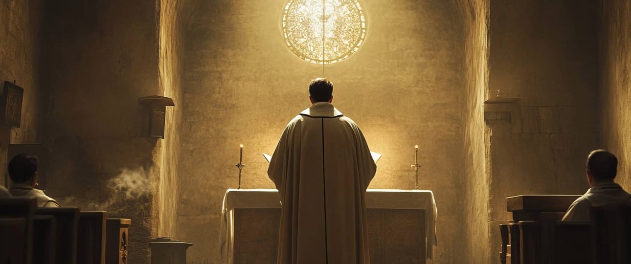 Sacerdote sosteniendo el cáliz durante la consagración en la misa católica.